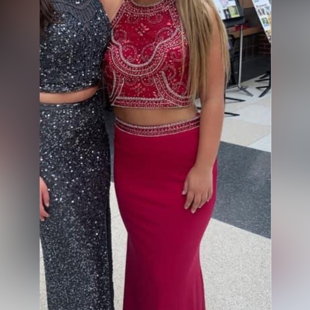 pink beaded rhinestone 2 piece prom dress